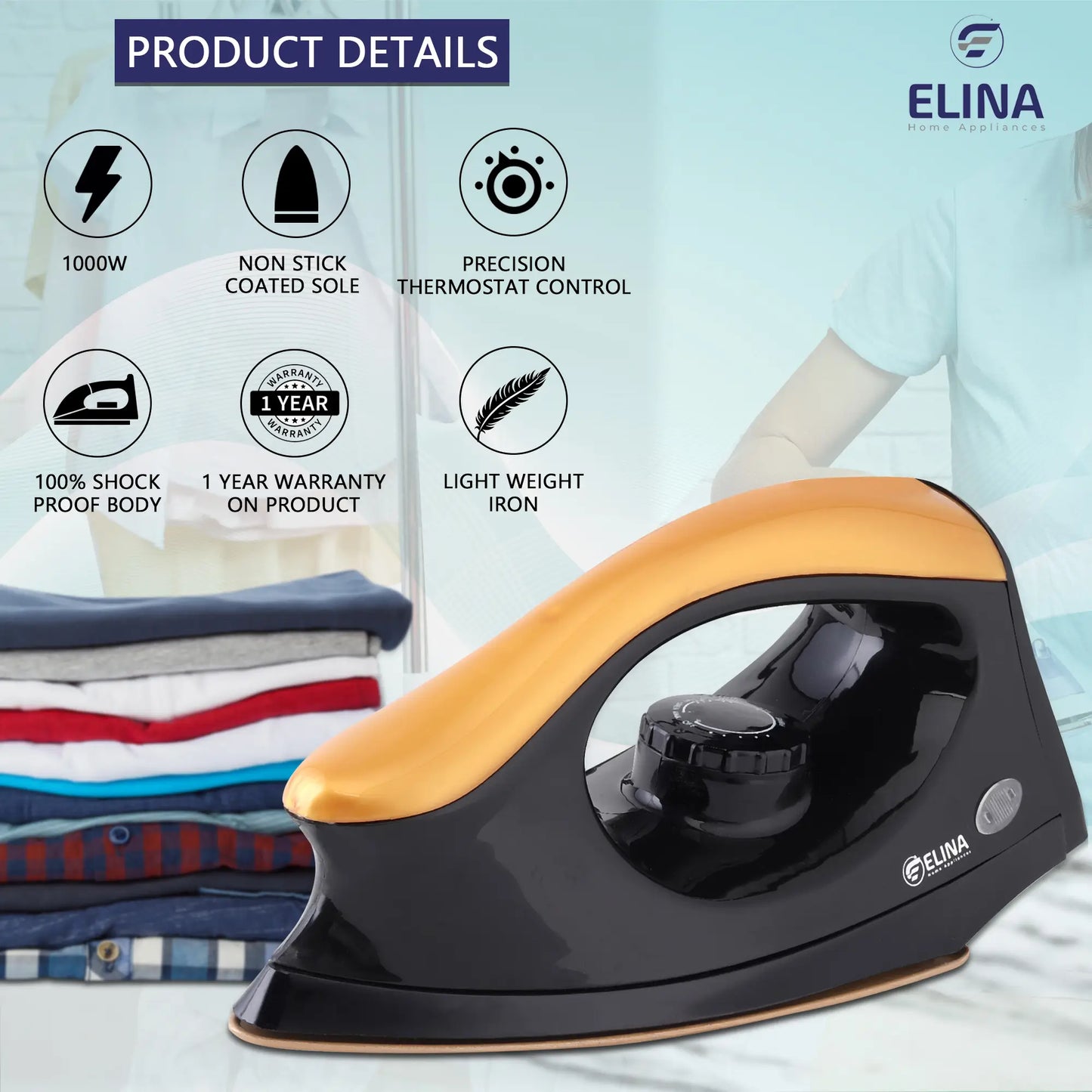 Elina 1000W Dry Iron, Red/Black