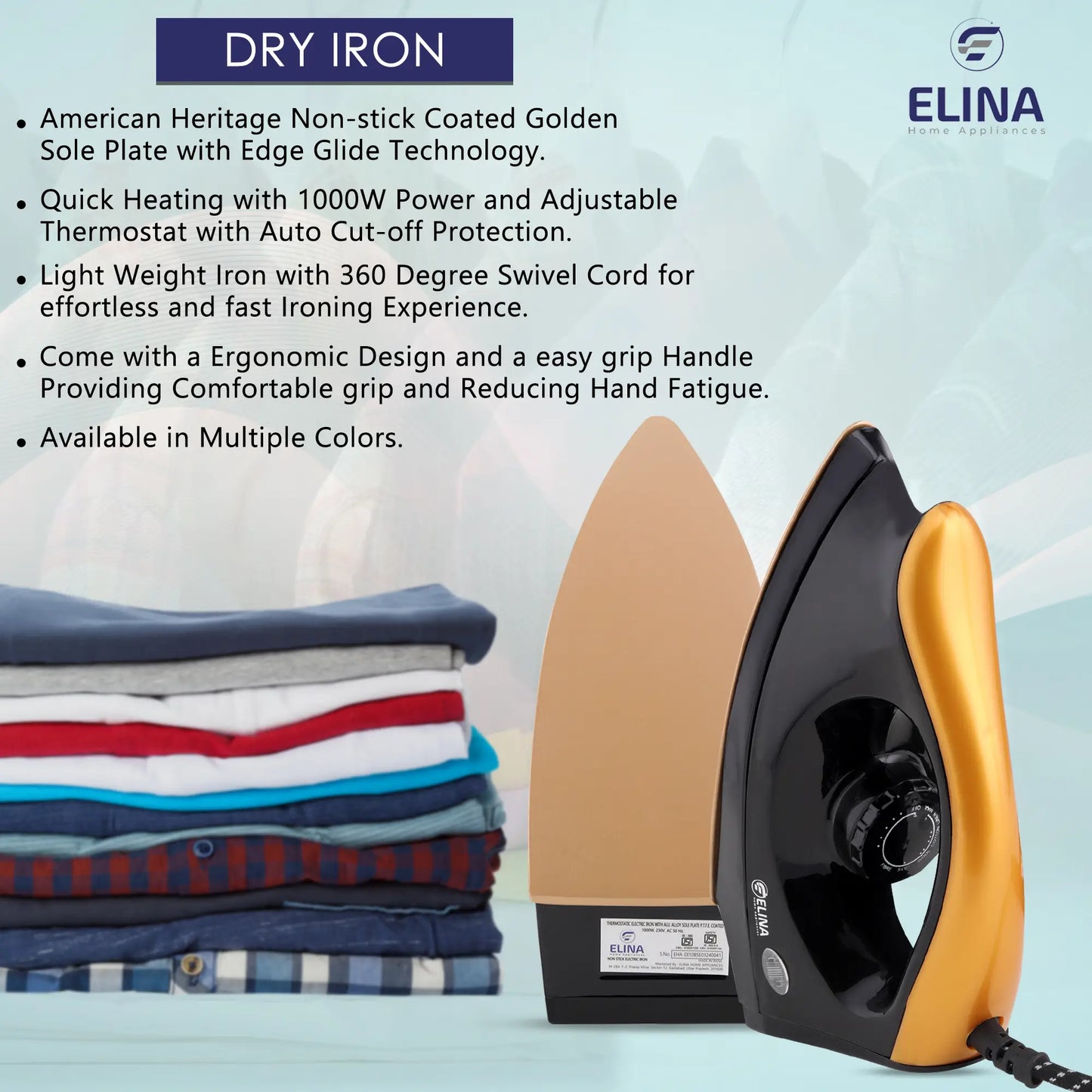 Elina 1000W Dry Iron, Red/Black