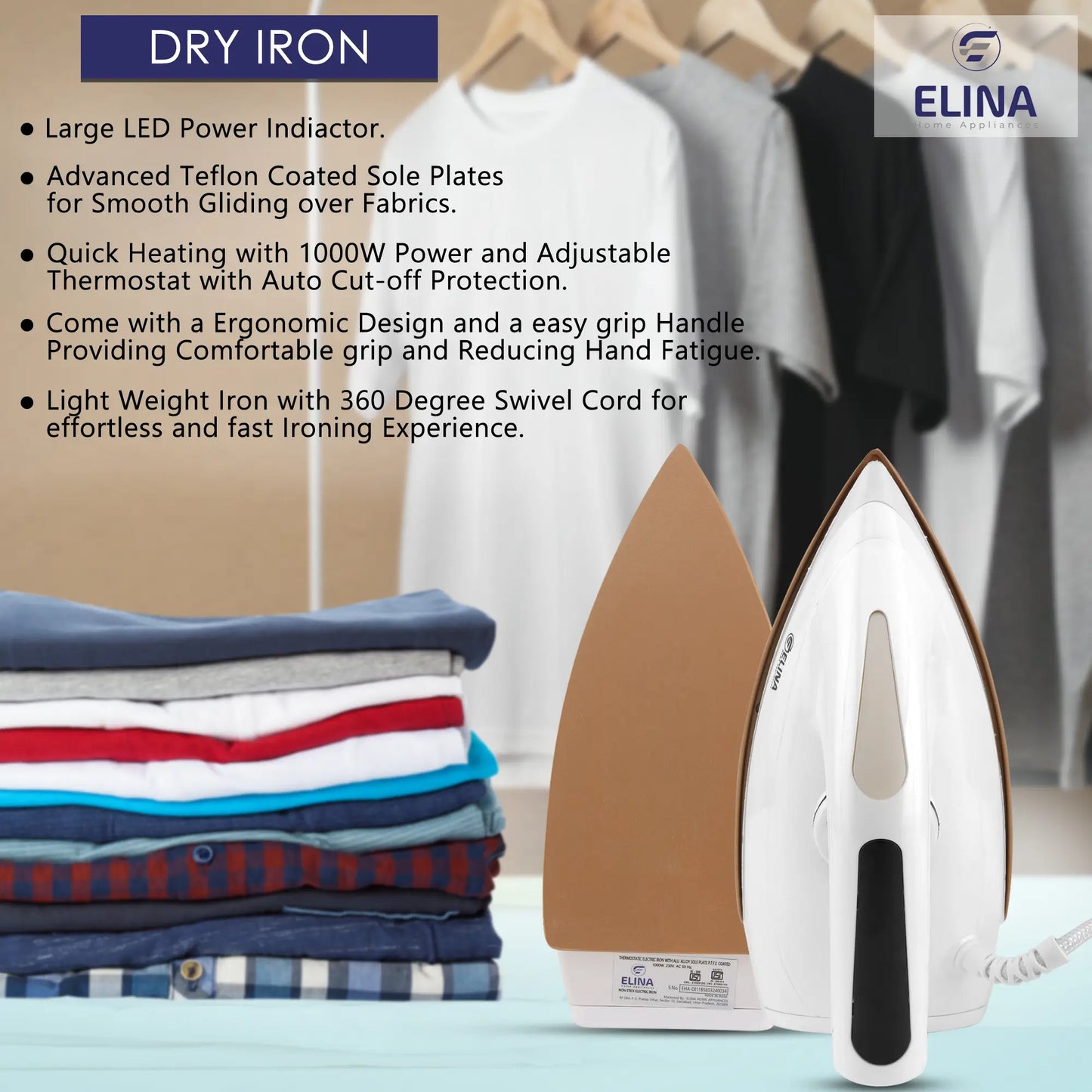Elina 1000W Dry Iron with Handle Led Indicator, White