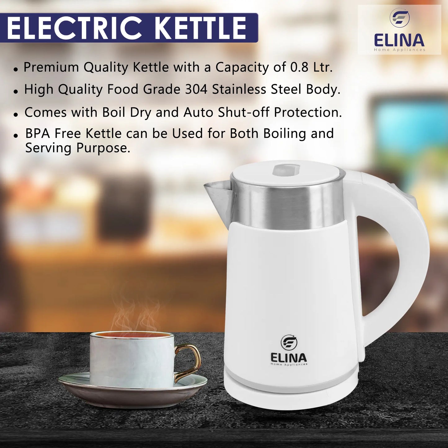 Elina Premium Electric Kettle, 0.8L, White