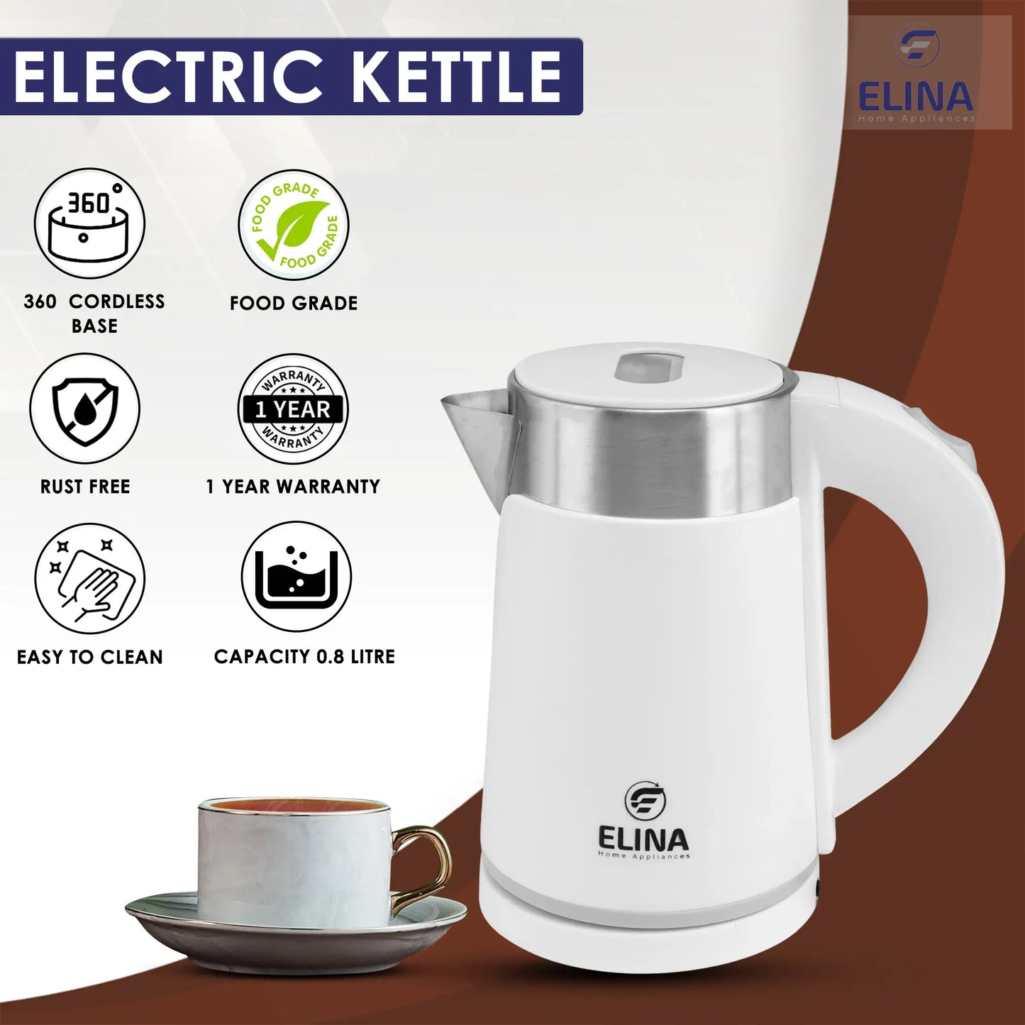 Elina Premium Electric Kettle, 0.8L, White