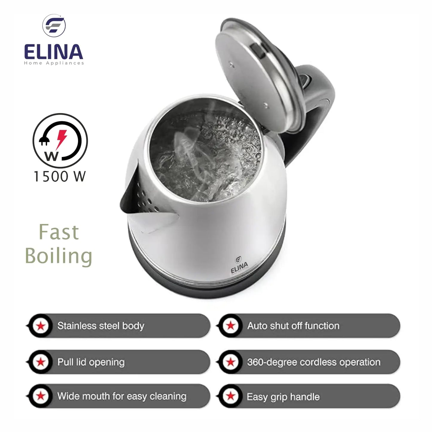 Elina Electric Kettle 1.8L & Stainless Steel Bottle 750ml with Sipper Lid Combo