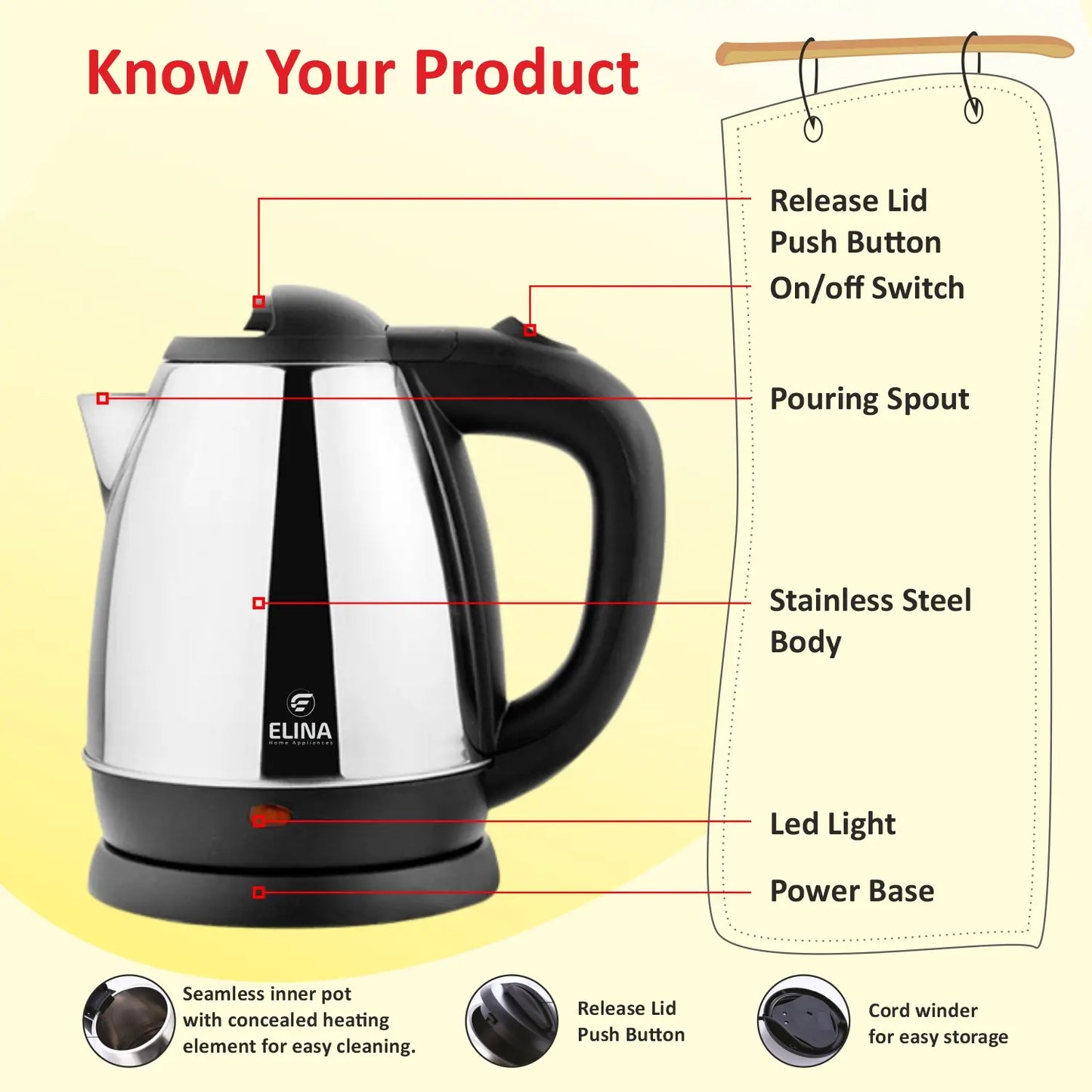 Elina Electric Kettle 1.8L & Stainless Steel Bottle 750ml with Sipper Lid Combo