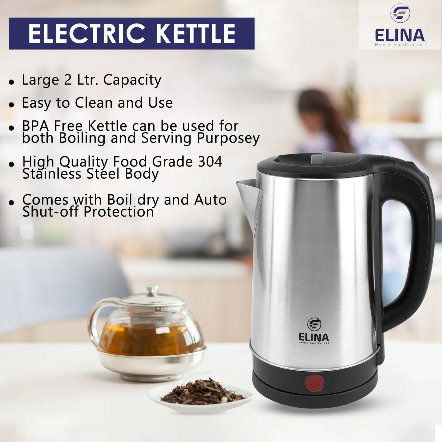 Elina 2 Ltr. Stainless Steel Body Electric Kettle, 1500W, Silver