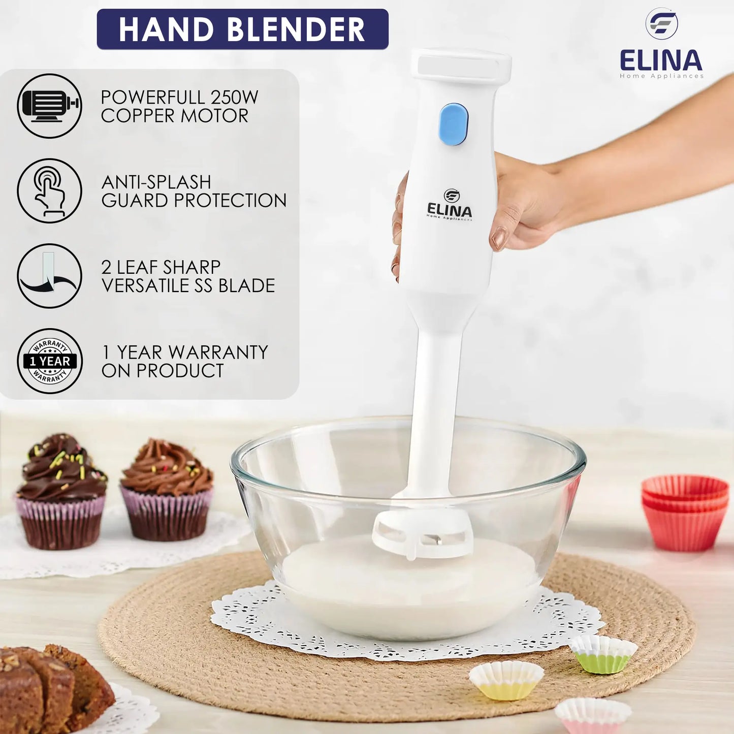 Elina 250W Copper Motor Hand Blender, White