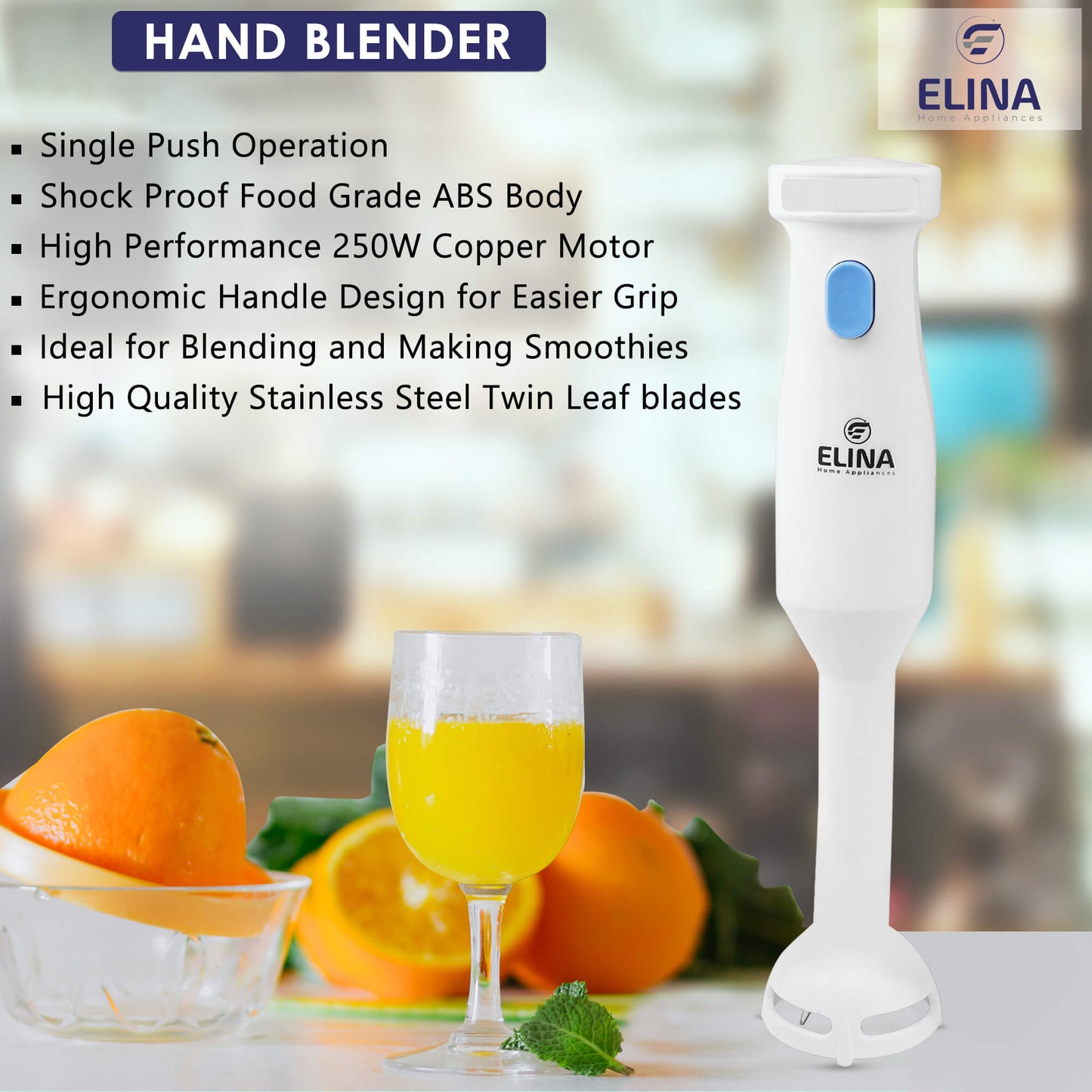 Elina 250W Copper Motor Hand Blender, White