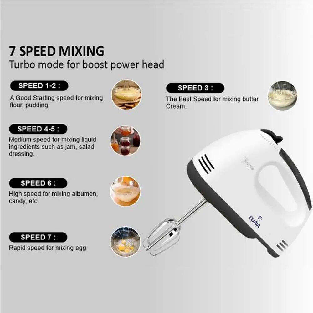Elina 7 Speed 260-watt Hand Mixer with Stainless Steel Attachments, White