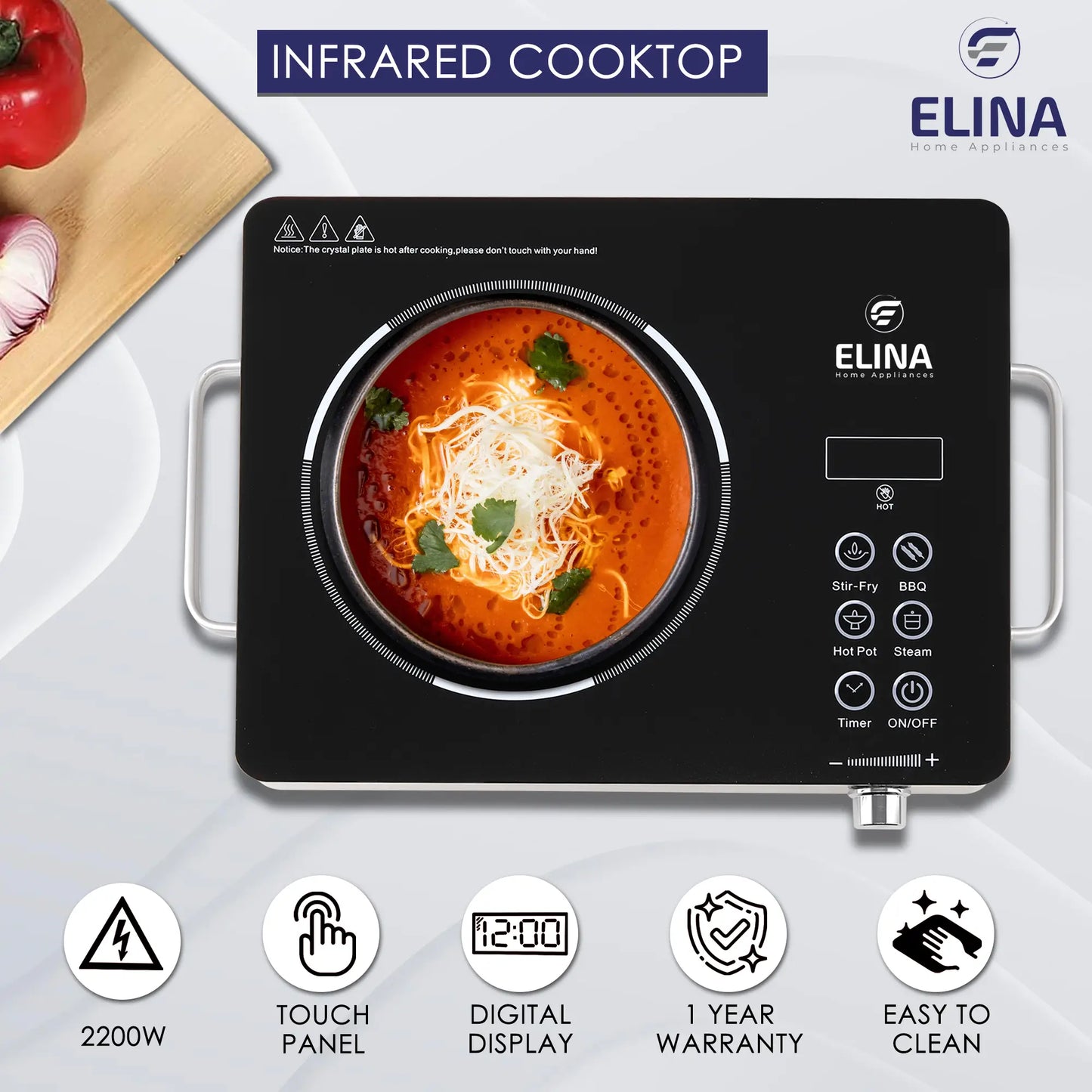 Elina 2200W Radiant Infrared Glass Induction Cooktop, Touch Panel, Steel Body