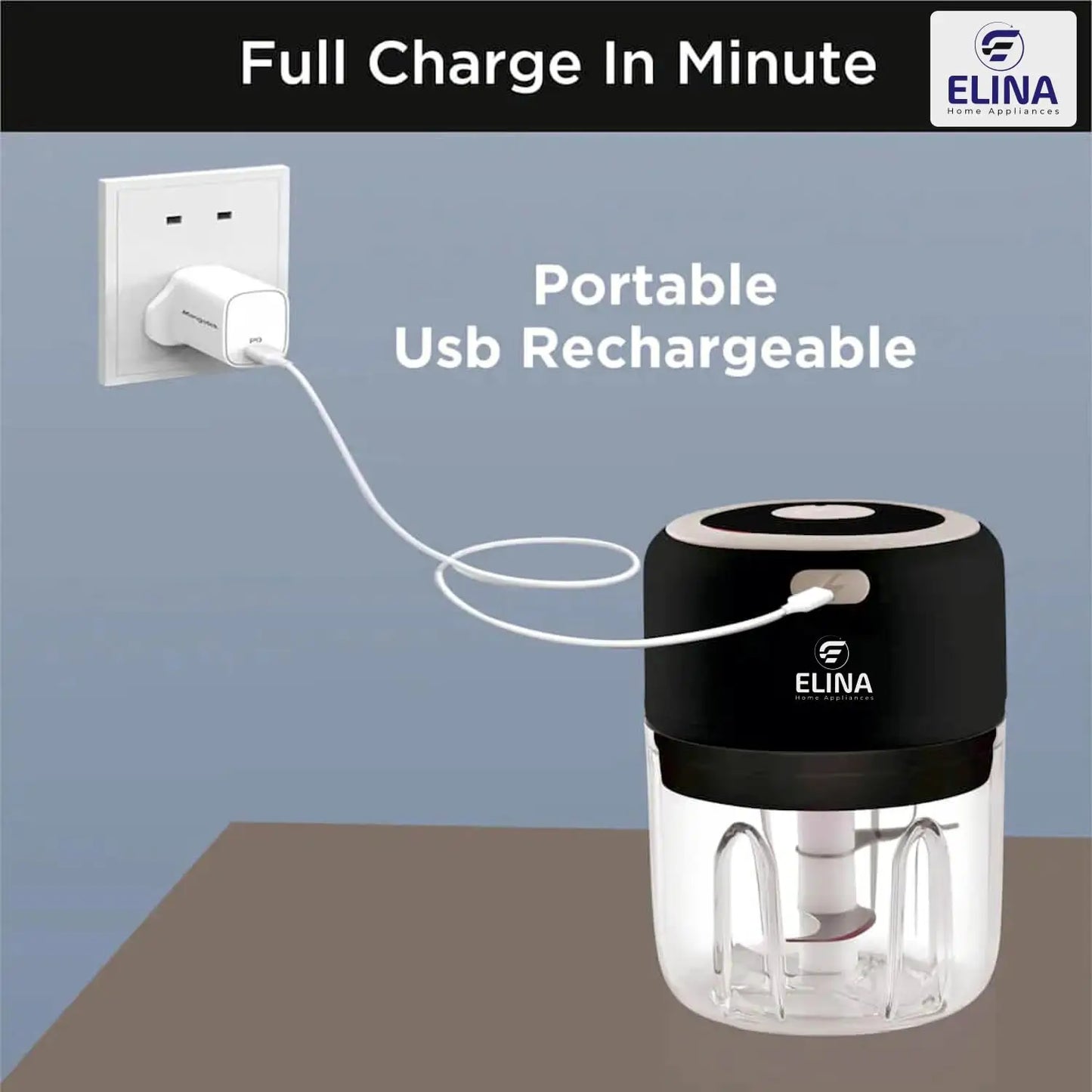 Elina USB Rechargeable Wireless Electric Chopper with Stainless Steel Blades - 250 ML