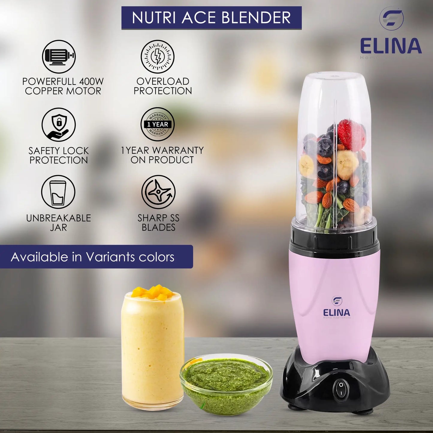 Elina Nutri ACE Mixer Grinder, Blender 450-watt Copper Motor, 2 Jars, Stainless Steel Blades, Raspberry Pink