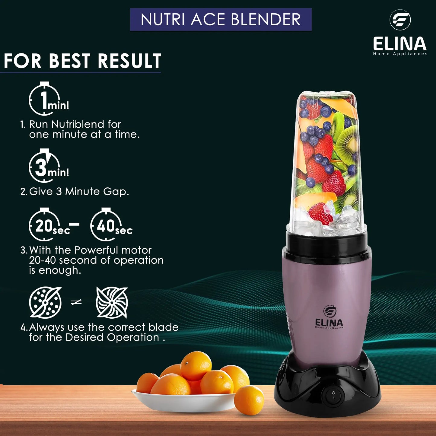 Elina Nutri ACE Mixer Grinder, Blender 450-watt Copper Motor, 2 Jars, Stainless Steel Blades, Raspberry Pink