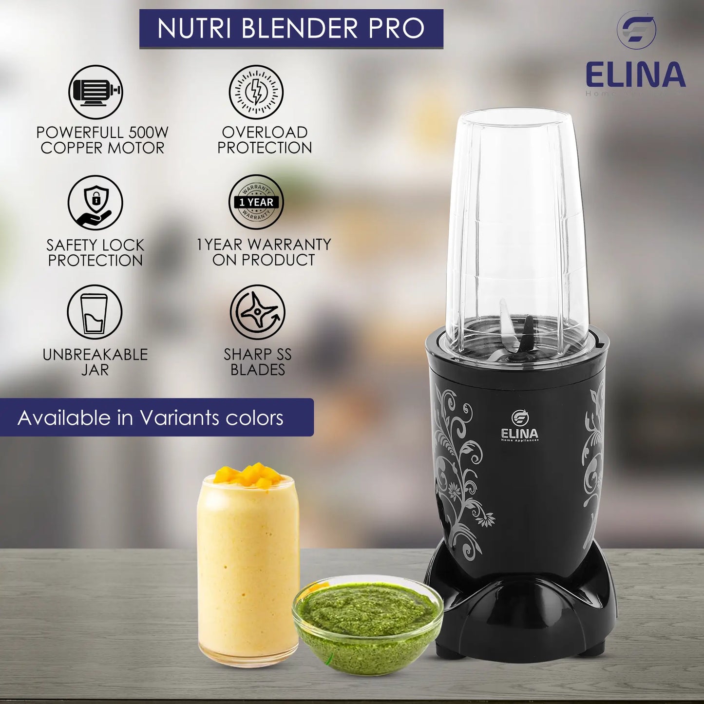 Elina Nutri ACE Blender, 500W Copper Motor, 2 Jars, Black