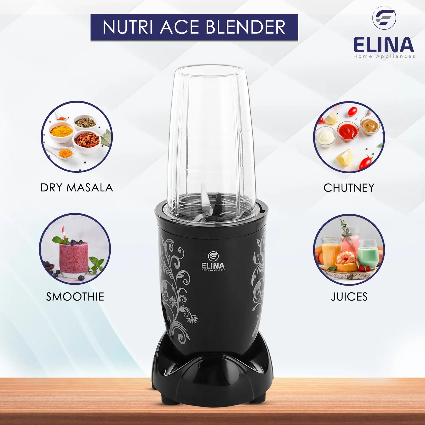 Elina Nutri ACE Blender, 500W Copper Motor, 2 Jars, Black