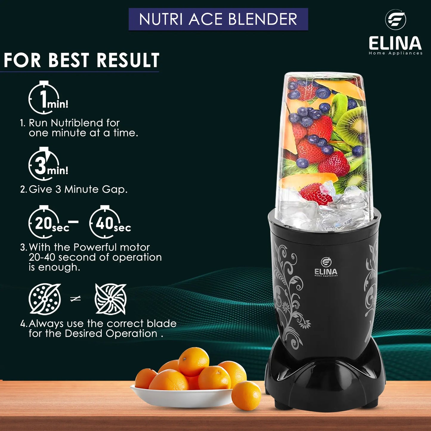 Elina Nutri ACE Blender, 500W Copper Motor, 2 Jars, Black