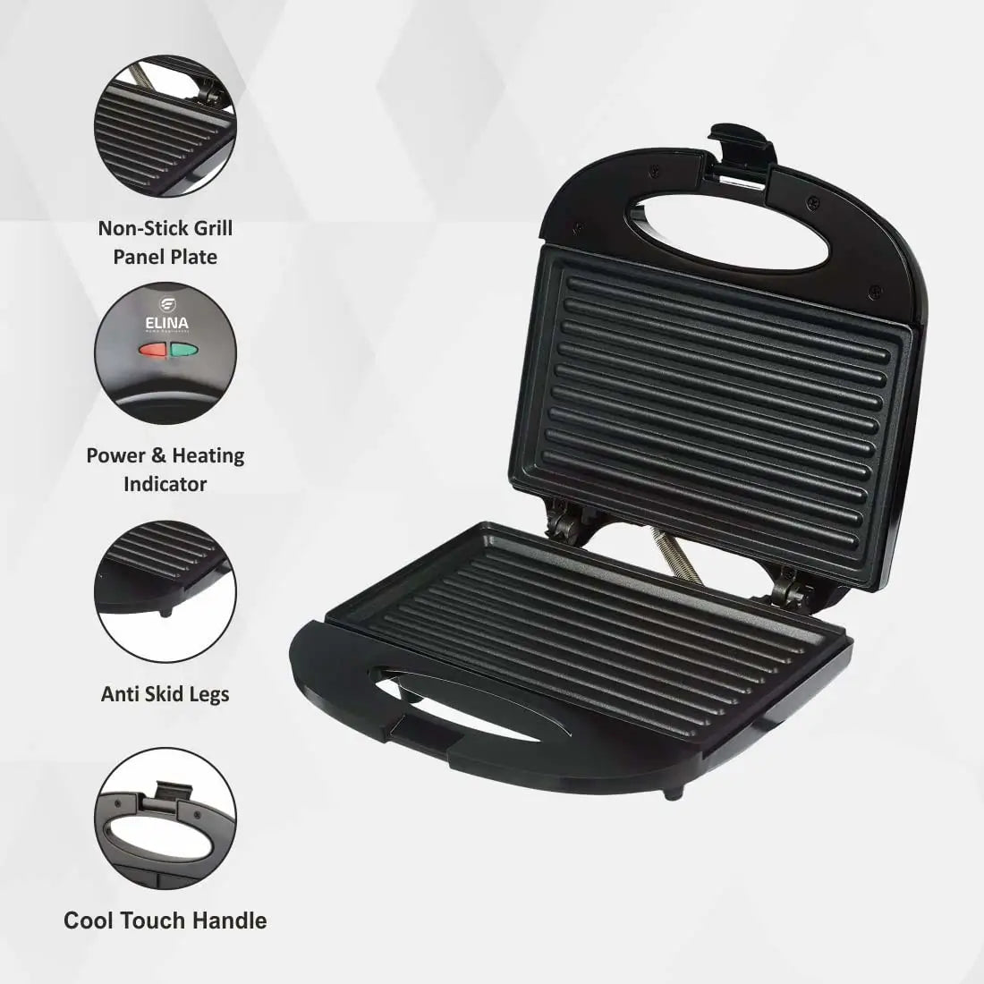 Elina 750W Sandwich Griller, Black