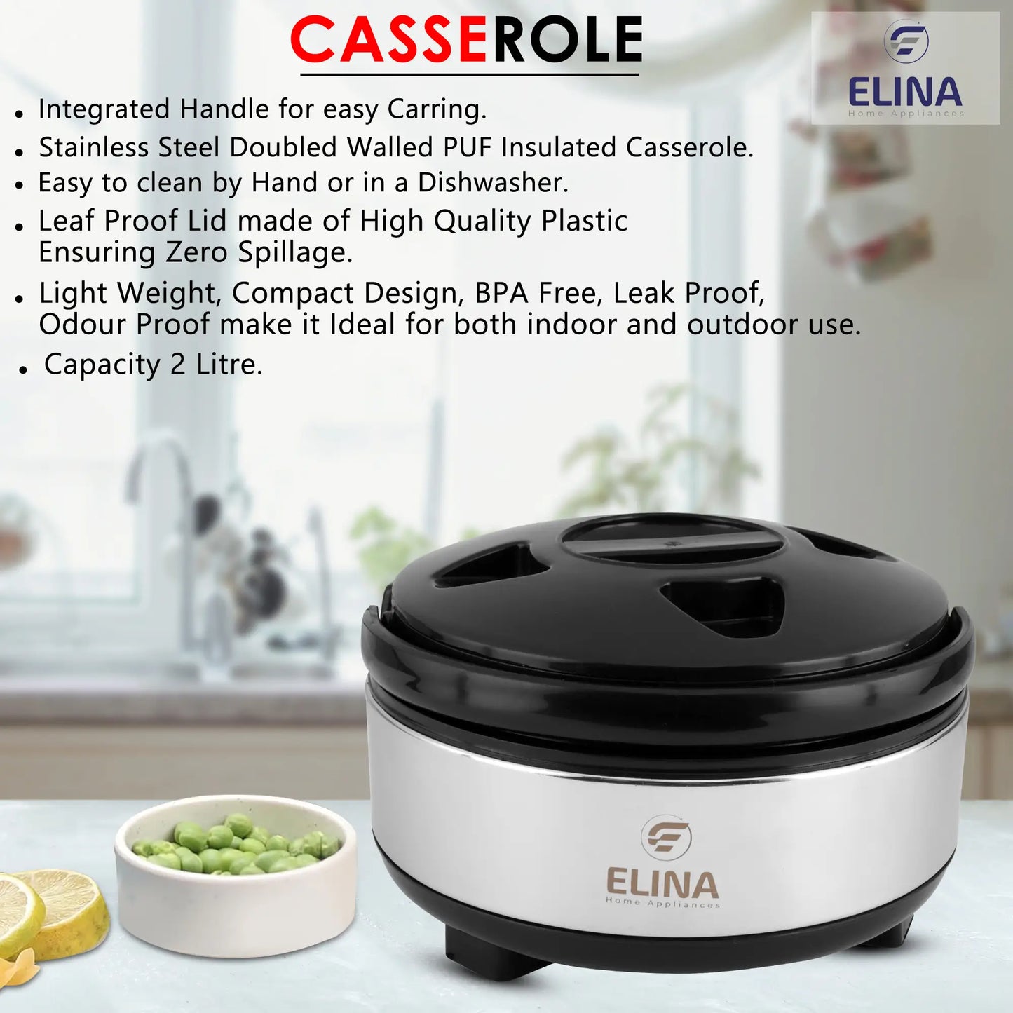 Elina Double Walled Insulated Stainless Steel Casserole 2L, Silver/Black