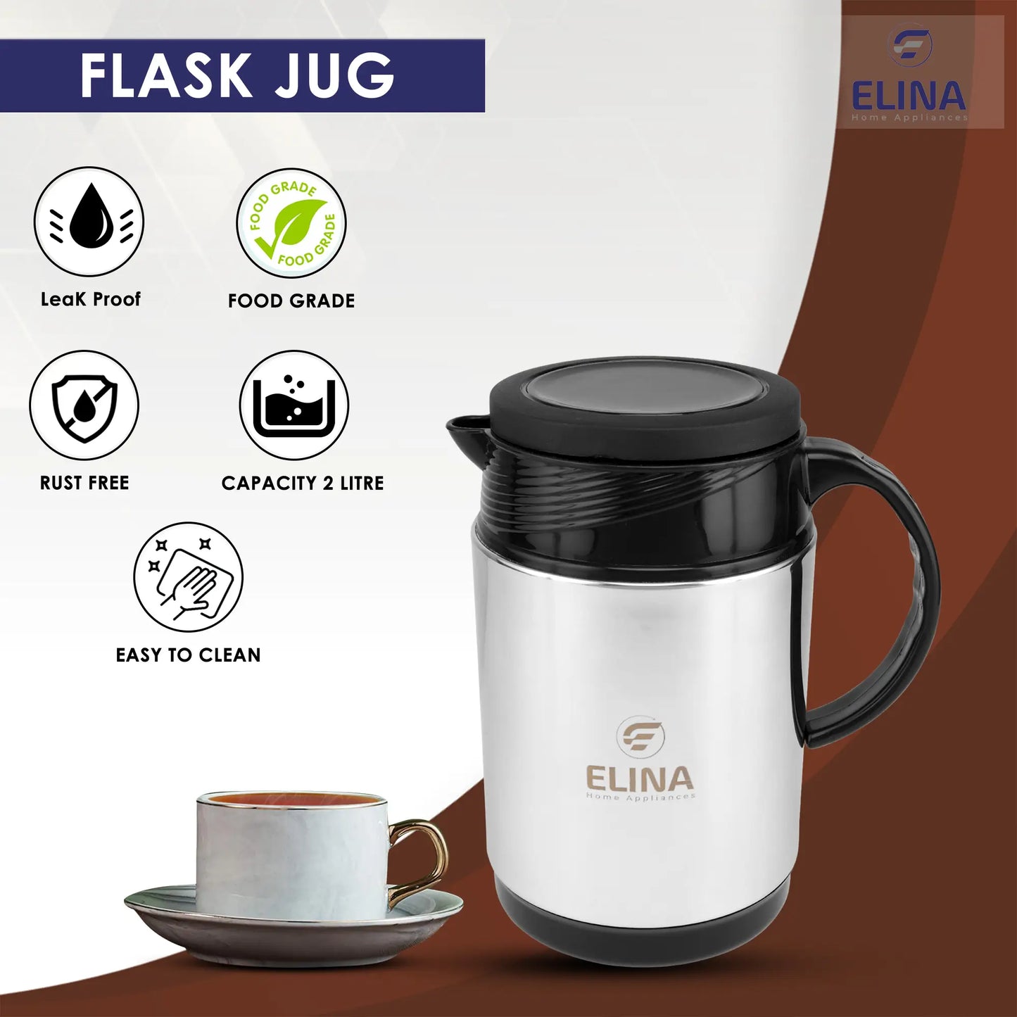 Elina Double Walled Insulated Stainless Steel Jug 1 Litre, Silver/Black