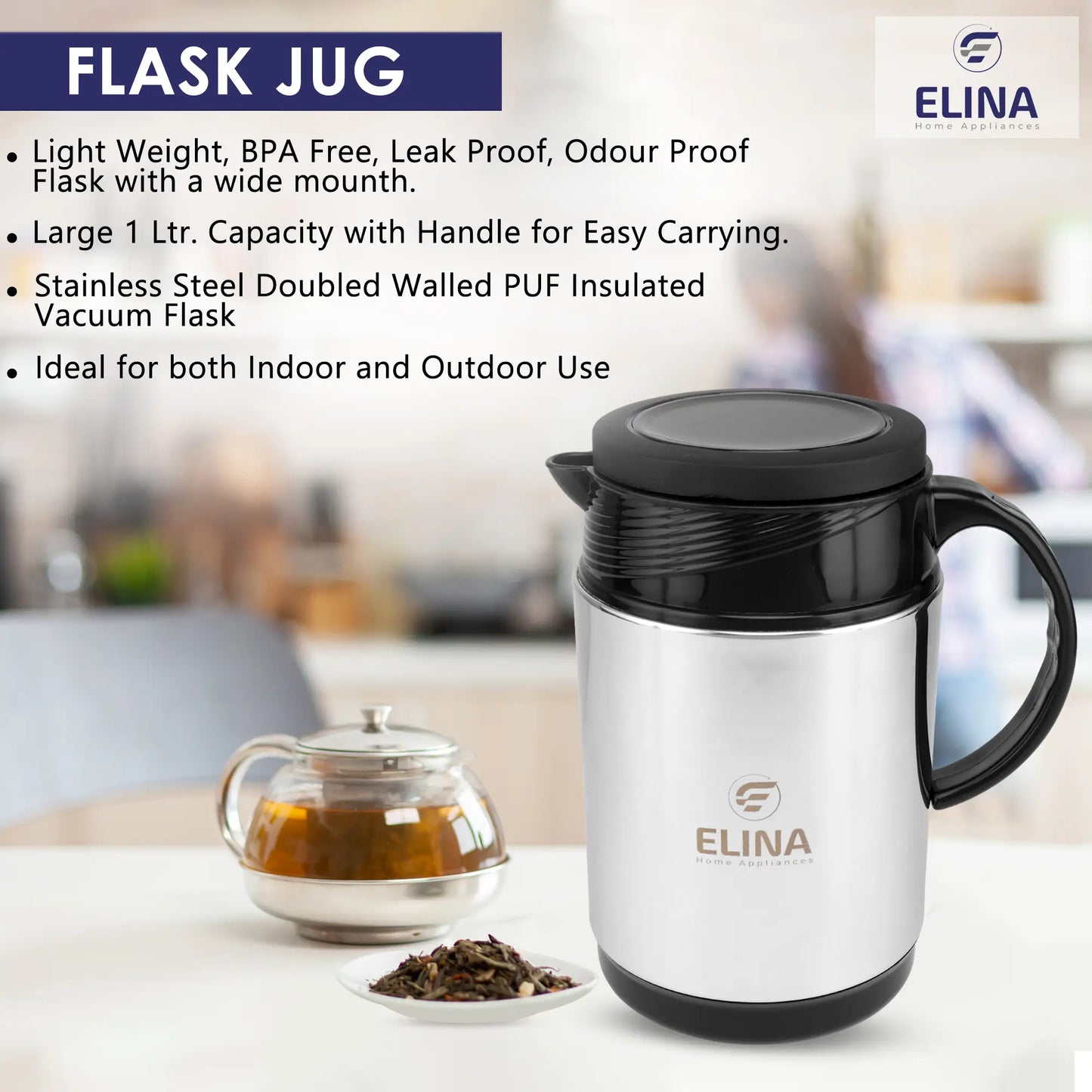 Elina Double Walled Insulated Stainless Steel Jug 1 Litre, Silver/Black