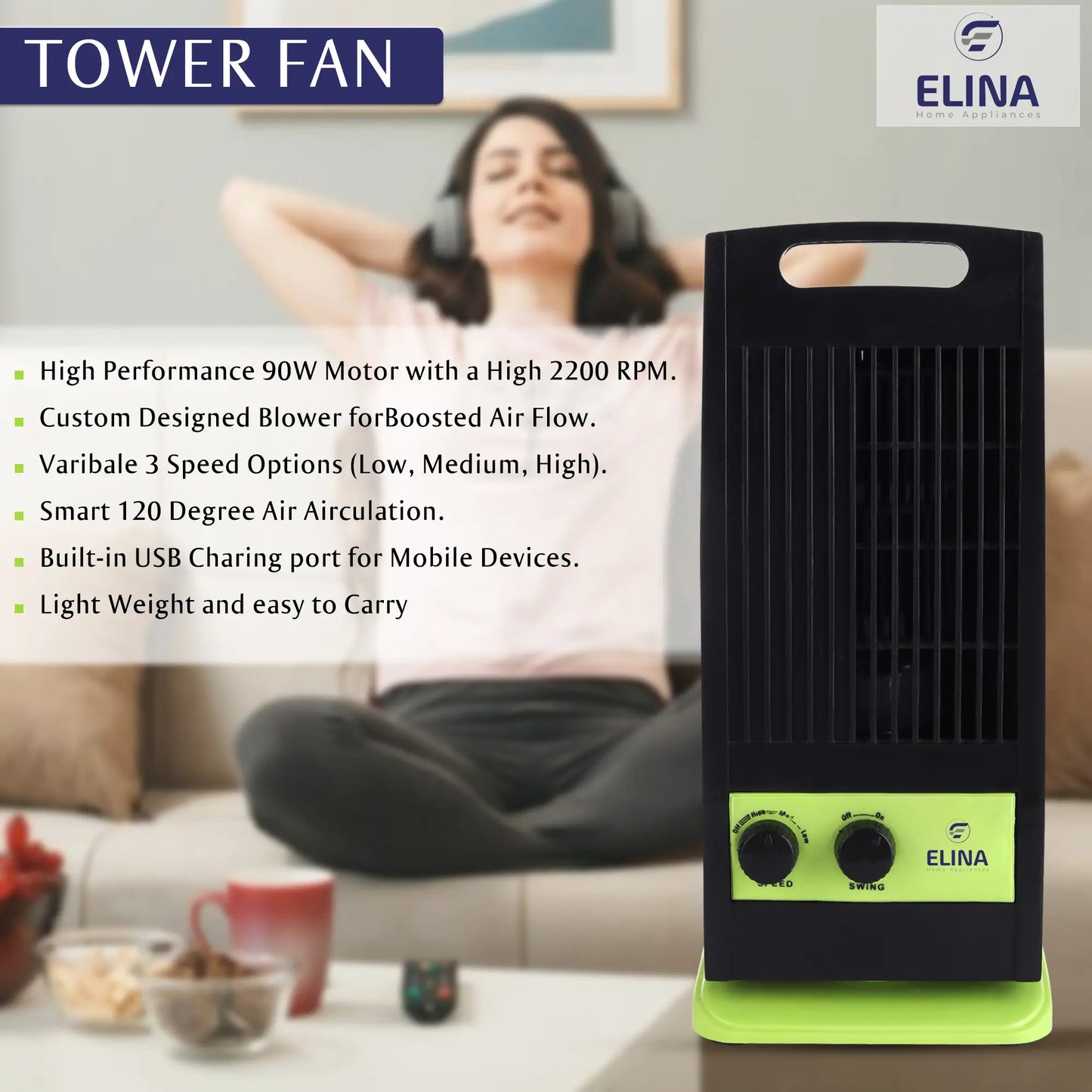 Elina High Speed Portable Tower Fan with 120° Wide Oscillation, Runs without Water, USB Charging Option, Green/Black
