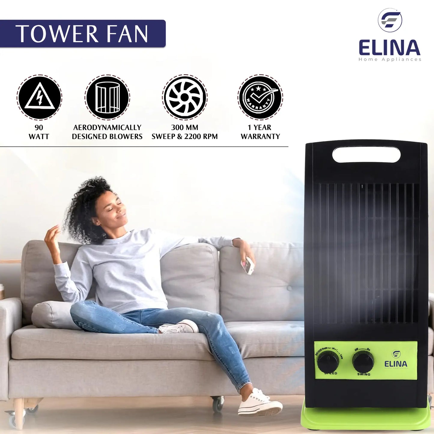 Elina High Speed Portable Tower Fan with 120° Wide Oscillation, Runs without Water, USB Charging Option, Green/Black