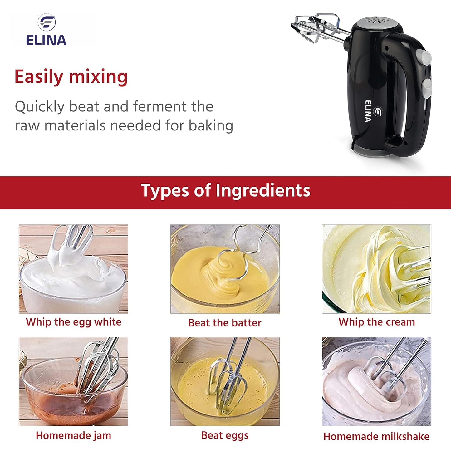Elina 150W Copper Motor Hand Mixer with Stand, Black