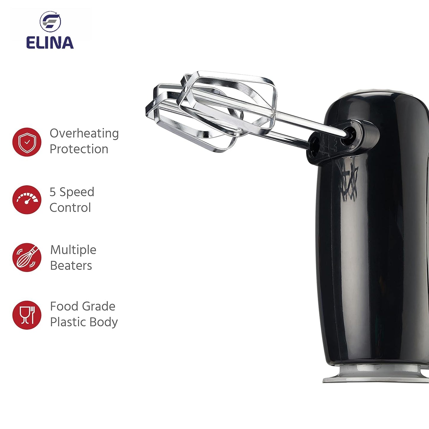 Elina 150W Copper Motor Hand Mixer with Stand, Black