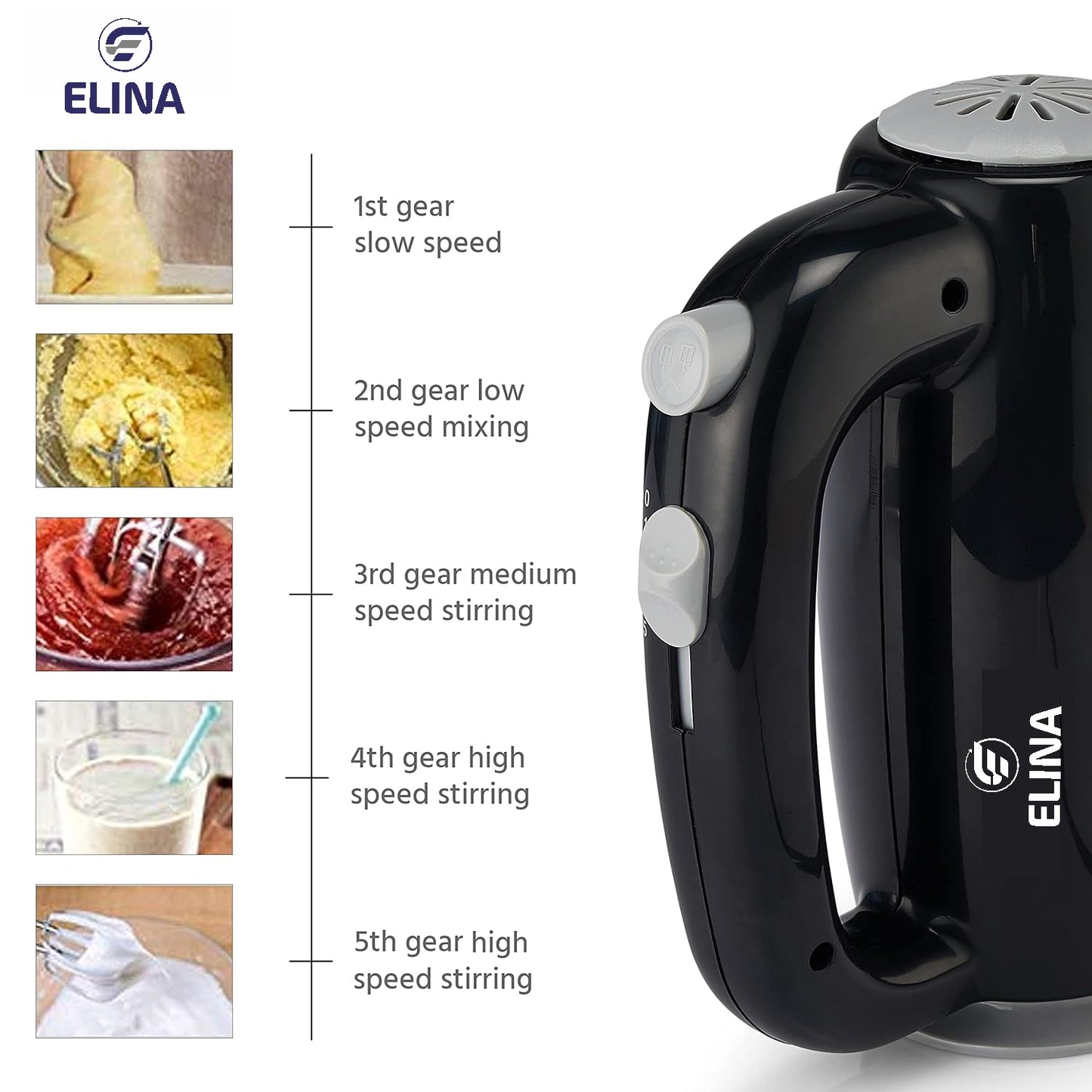 Elina 150W Copper Motor Hand Mixer with Stand, Black