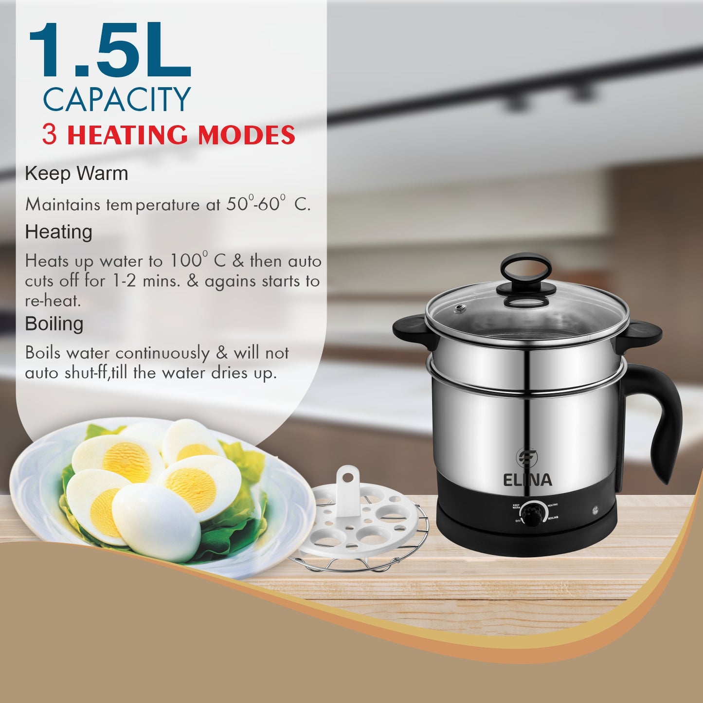 Elina Electric Multi Purpose Kettle 1.25L with Egg Boiler Stand, S.S Steamer and S.S Wire Grill, S.S Idli Stand, Silver