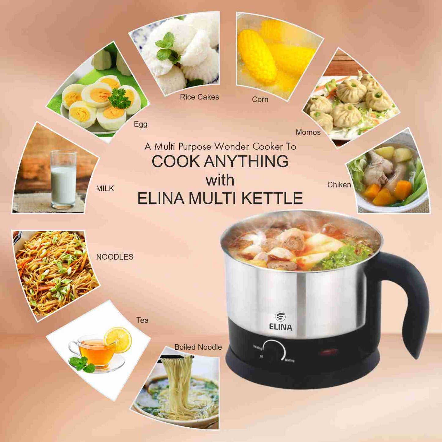 Elina Electric Multi Purpose Kettle 1.25L with Egg Boiler Stand, S.S Steamer and S.S Wire Grill, S.S Idli Stand, Silver