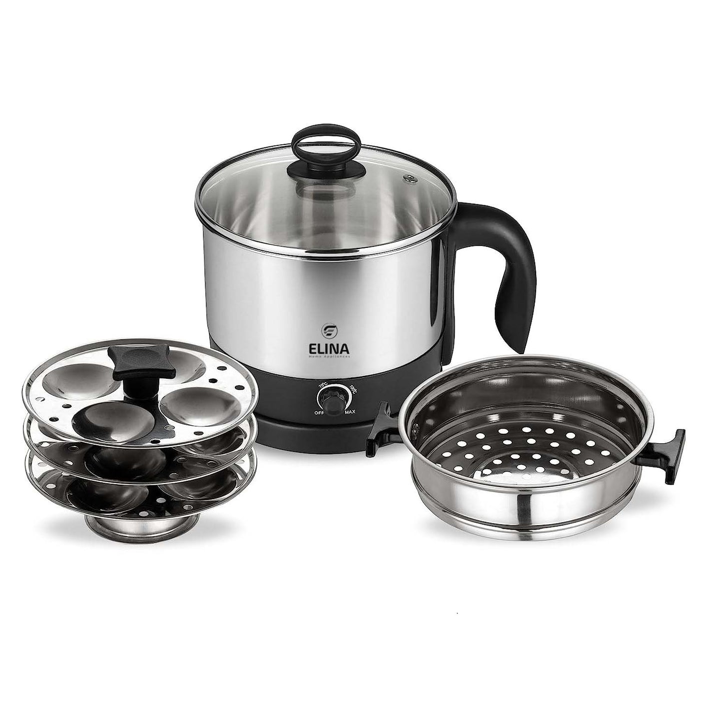 Elina Electric Multi Purpose Kettle 1.25L with Egg Boiler Stand, S.S Steamer and S.S Wire Grill, S.S Idli Stand, Silver