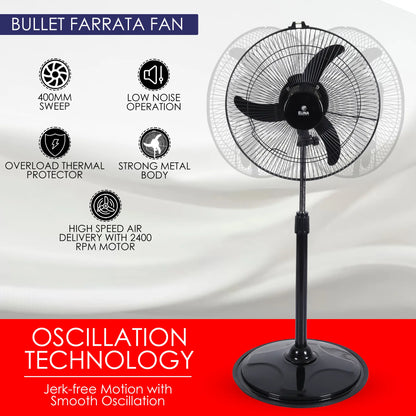 Elina Bullet Farrata Fan 16 Inch/ 400MM Sweep with 120W Full Copper Motor, Adjustable Height & Oscillation, Black
