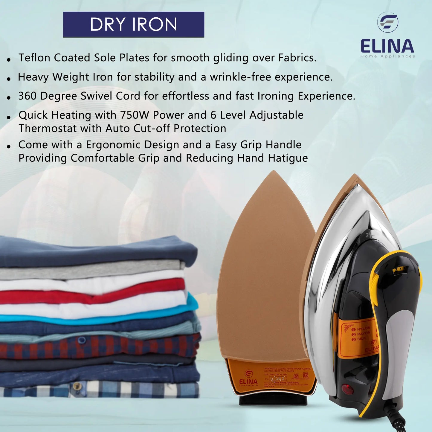 Elina Heavy Weight Plancha Dry Iron, 1000W, Black