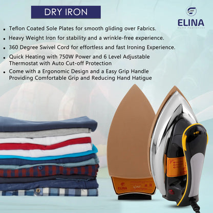 Elina Heavy Weight Plancha Dry Iron, 1000W, Black