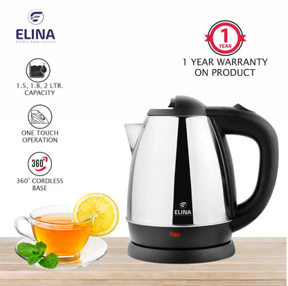 Elina 1.8 L Stainless Steel Body Electric Kettle, 1500W, Silver