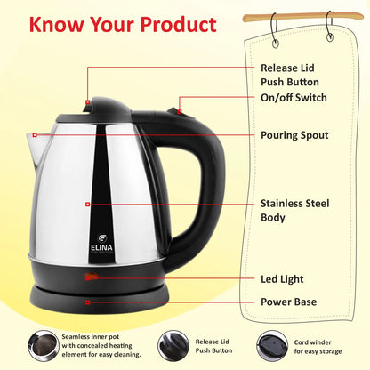 Elina 1.8 L Stainless Steel Body Electric Kettle, 1500W, Silver