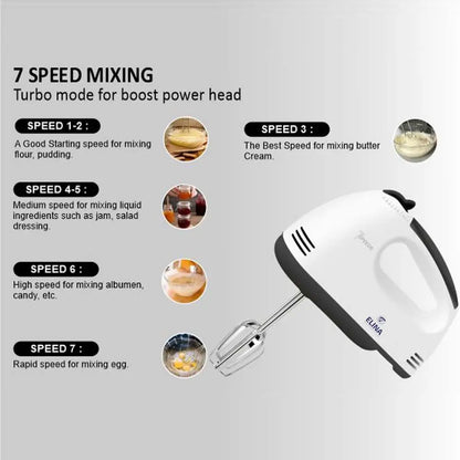 Elina 7 Speed 260-watt Hand Mixer with Stainless Steel Attachments, White