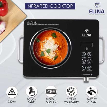 Elina 2200W Radiant Infrared Glass Induction Cooktop, Touch Panel, Steel Body