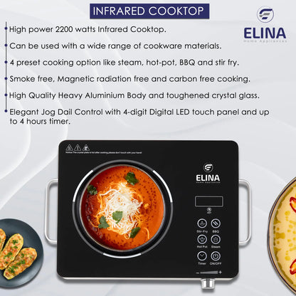 Elina 2200W Radiant Infrared Glass Induction Cooktop, Touch Panel, Steel Body