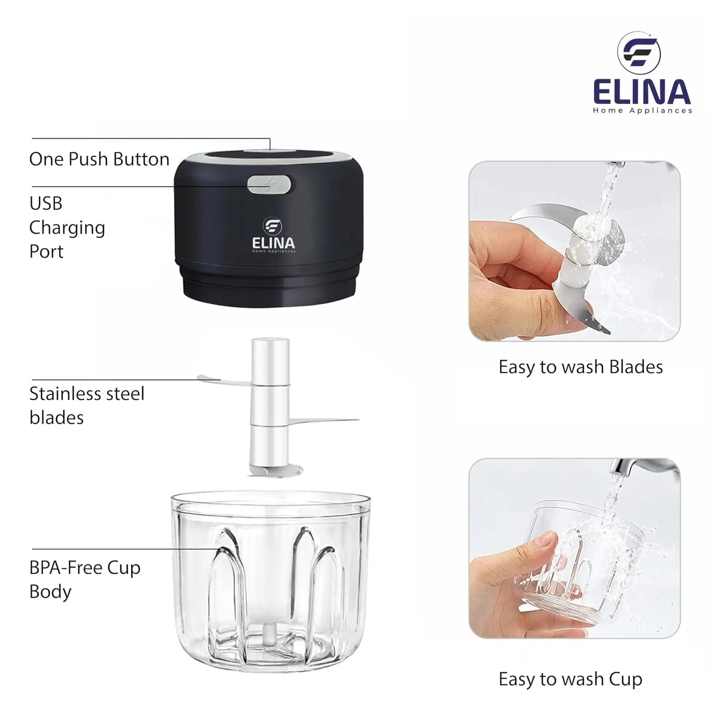 Elina USB Rechargeable Wireless Electric Chopper with Stainless Steel Blades - 250 ML