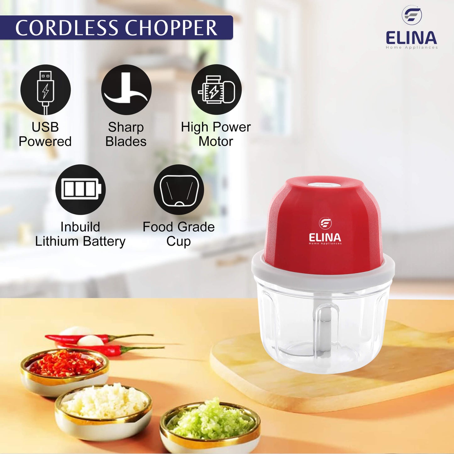 Elina USB C Rechargeable Wireless Electric Chopper with Stainless Steel Blades - 350 ML