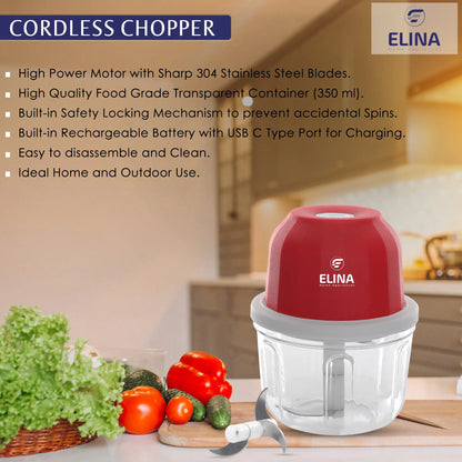 Elina USB C Rechargeable Wireless Electric Chopper with Stainless Steel Blades - 350 ML