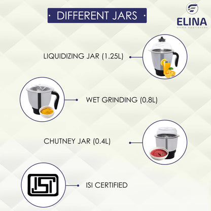 Elina 750W Mixer Grinder, 3 Jar, Blue/White