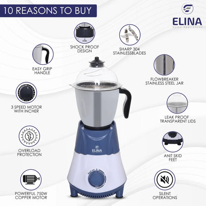 Elina 750W Mixer Grinder, 3 Jar, Blue/White
