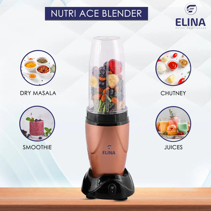 Elina Nutri ACE Mixer Grinder, Blender 450-watt Copper Motor, 2 Jars, Stainless Steel Blades, Copper