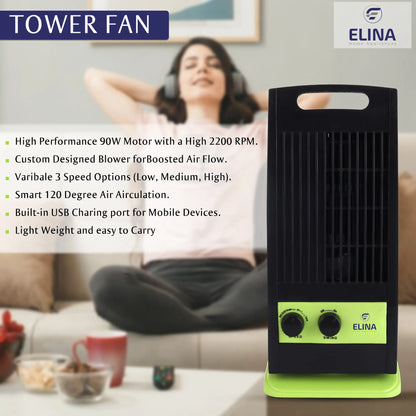 Elina High Speed Portable Tower Fan with 120° Wide Oscillation, Runs without Water, USB Charging Option, Green/Black