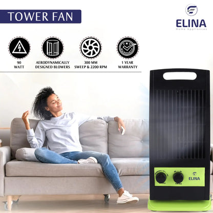 Elina High Speed Portable Tower Fan with 120° Wide Oscillation, Runs without Water, USB Charging Option, Green/Black