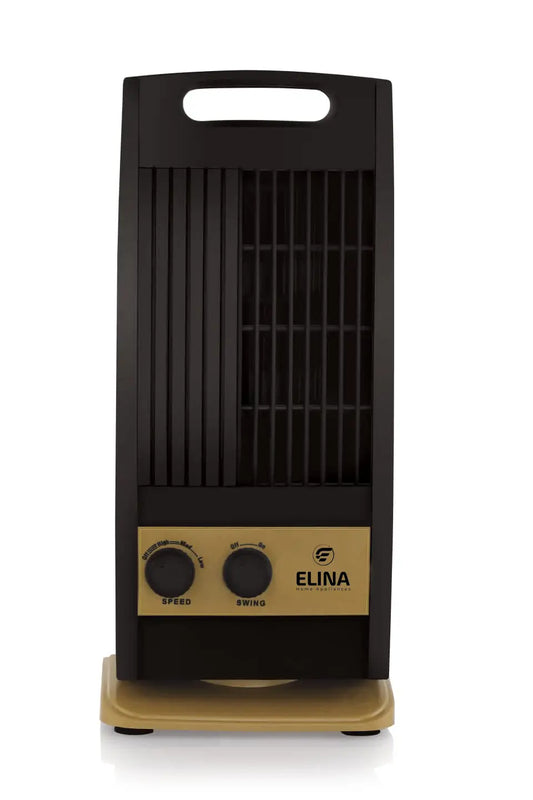 Elina High Speed Portable Tower Fan with 120° Wide Oscillation, Runs without Water, USB Charging Option, Golden/Black