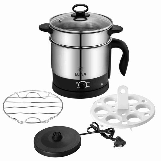 Elina 600W Multi Purpose Kettle 1.5L with egg boiler, S.S Steamer and S.S Stand, Silver