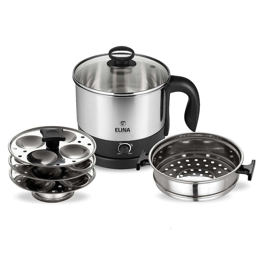 Elina Electric Multi Purpose Kettle 1.25L with Egg Boiler Stand, S.S Steamer and S.S Wire Grill, S.S Idli Stand, Silver